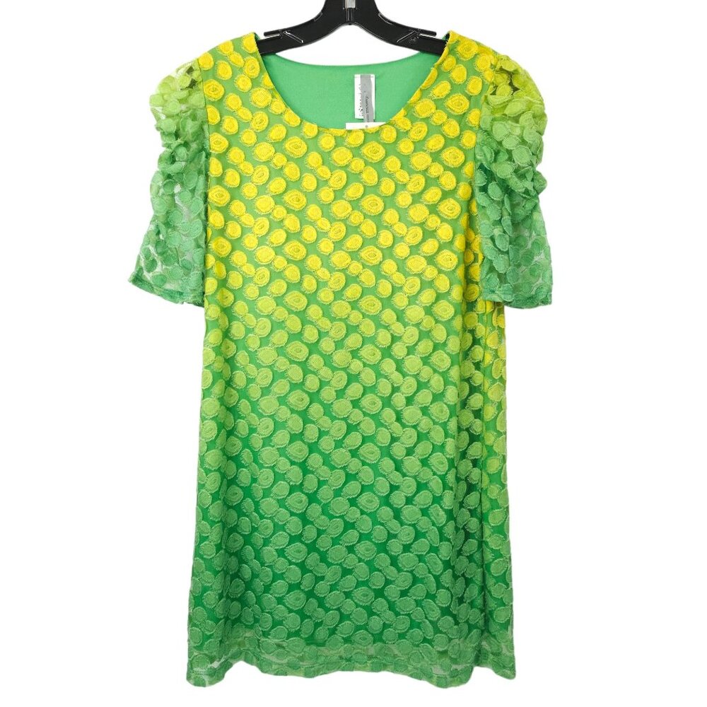 Famosa Ruched Sleeve Lined Shift Mini Dress Womens L Yellow Green USA Made NEW